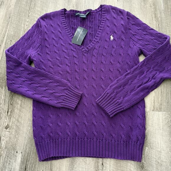 Ralph Lauren Sport Sweaters - Ralph Lauren Sport Sweater Womens Size XL Purple Cable Knit V-Neck Cotton NEW